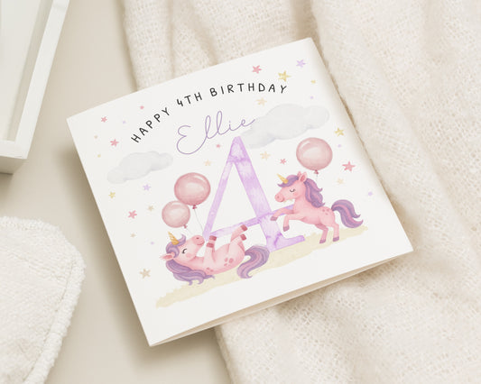 4th Birthday Card for Girl, Personalised Unicorn Birthday Card, Birthday Card for Daughter, Niece, Granddaughter, Custom Age Card