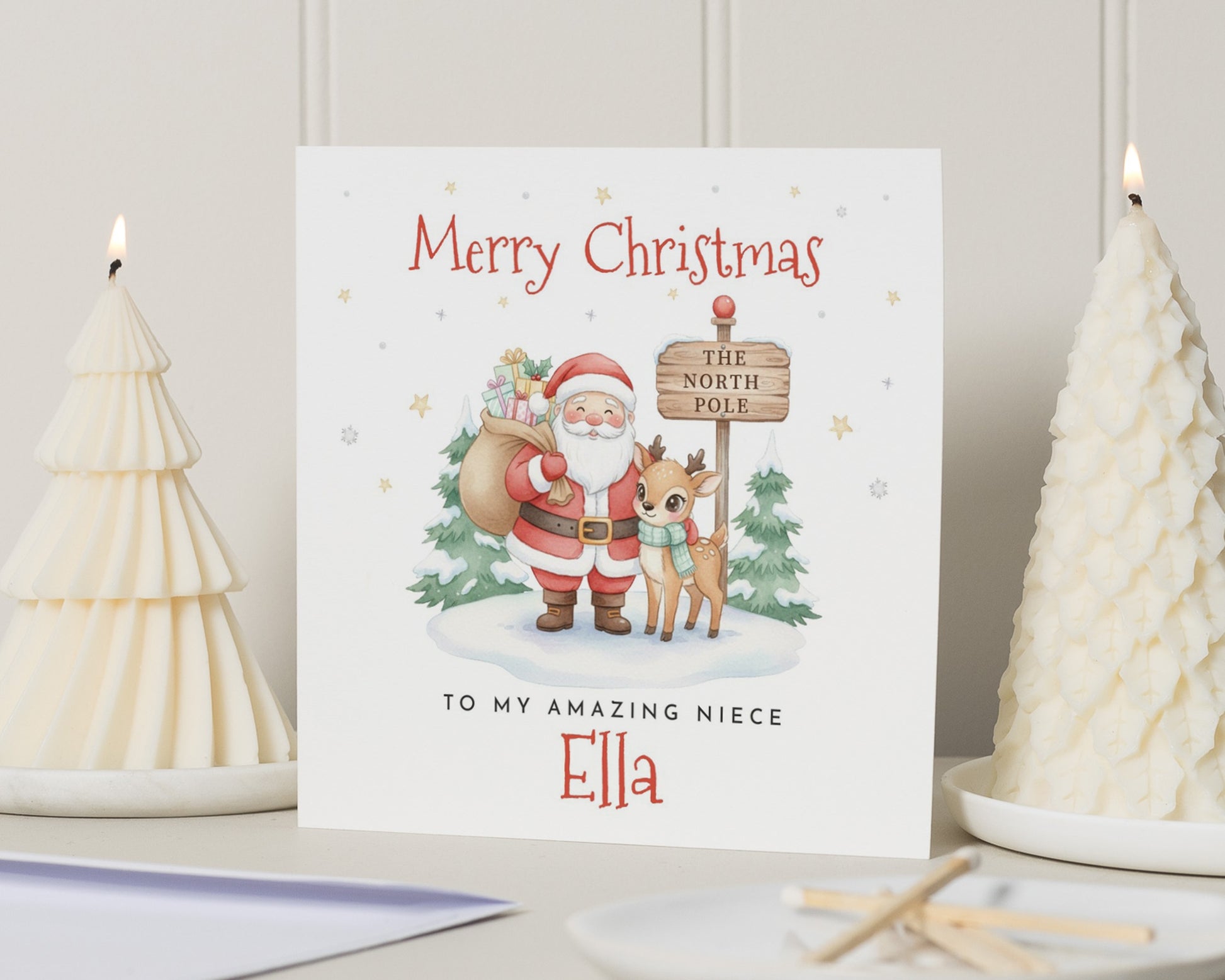 Christmas Card for Niece, Merry Christmas Card, Personalised Christmas Card for Girl, Cute Santa Card, Reindeer Christmas Card
