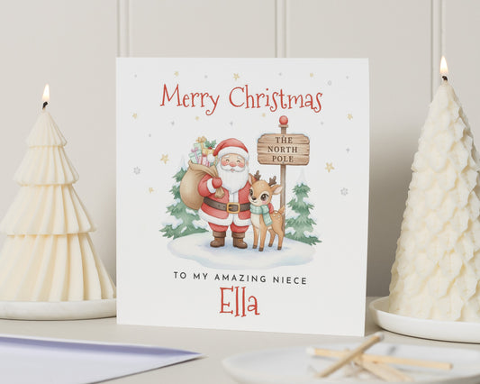 Christmas Card for Niece, Merry Christmas Card, Personalised Christmas Card for Girl, Cute Santa Card, Reindeer Christmas Card
