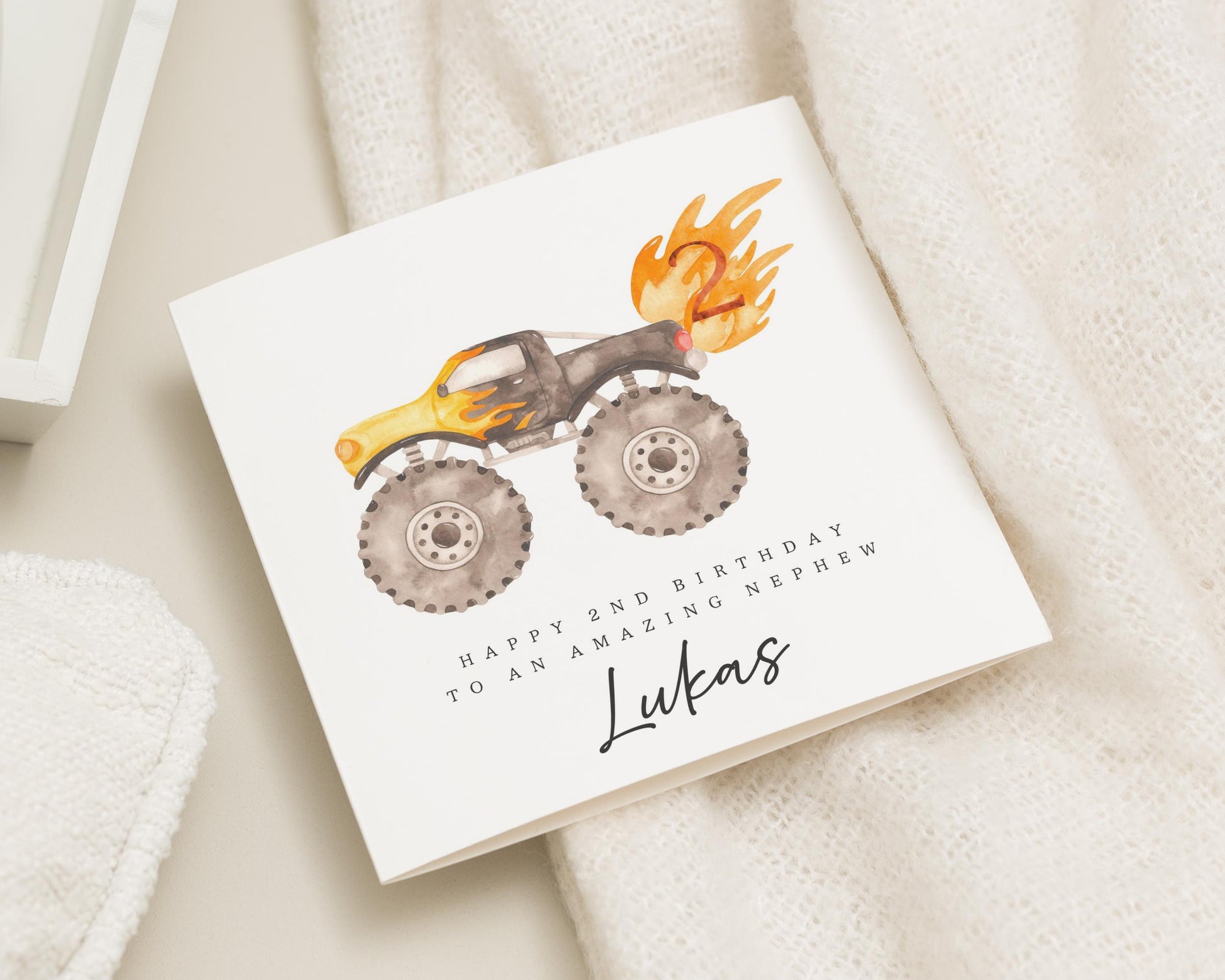 2nd Birthday Card for Nephew, Monster Truck Birthday Card, Personalised Birthday Card for Boy, Second Birthday Card, Card for Nephew