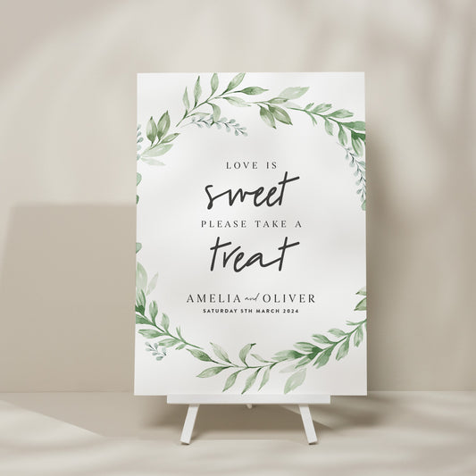 Greenery Wedding Sweet Station Sign, Sweet Table Wedding Sign, Sweet Sign For Wedding, Minimalist Wedding Signage, Foliage Design 'Amelia'