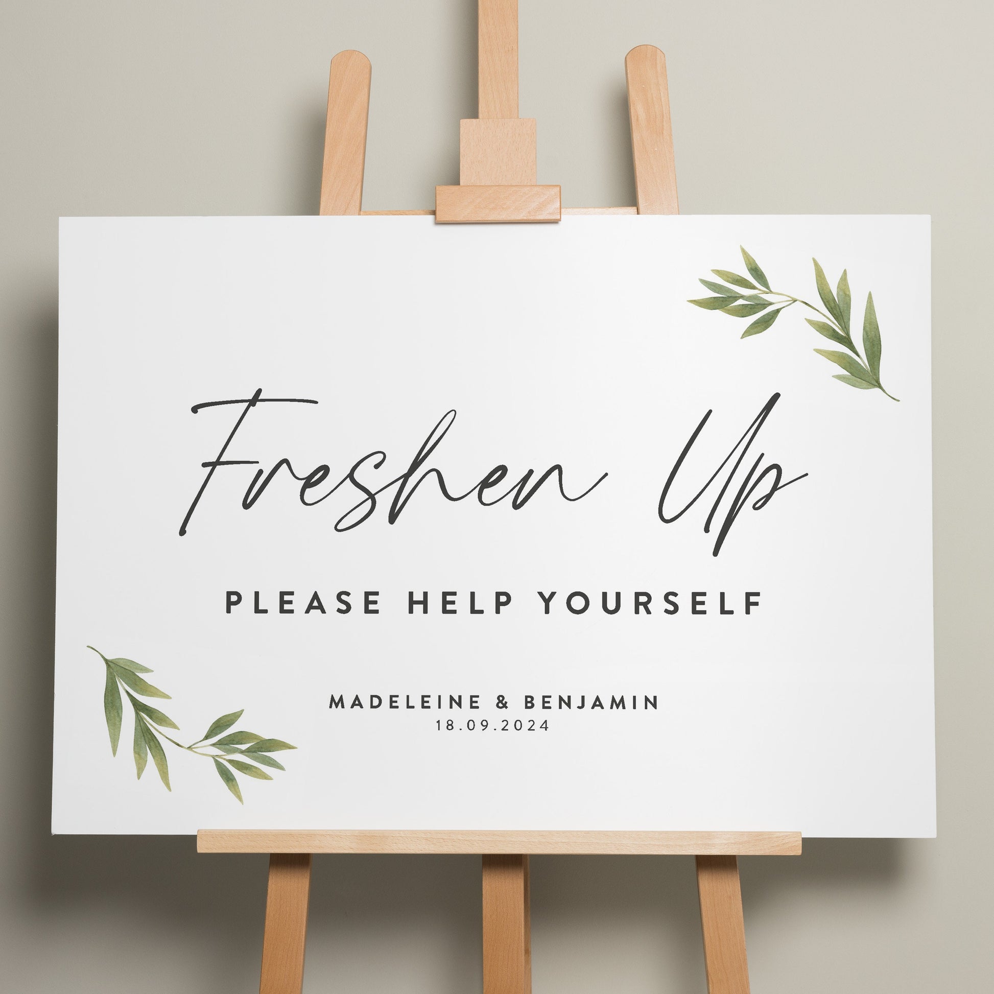 Greenery Freshen Up Wedding Sign, Minimalist Bathroom Basket Wedding Sign, Botanical Wedding Signage, Botanical Wedding Sign 'Madeleine'