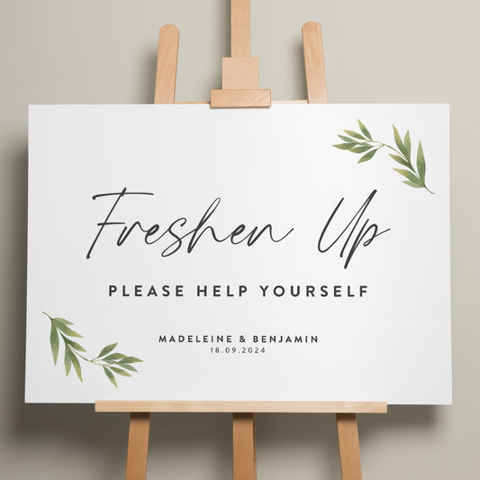 Greenery Freshen Up Wedding Sign, Minimalist Bathroom Basket Wedding Sign, Botanical Wedding Signage, Botanical Wedding Sign 'Madeleine'