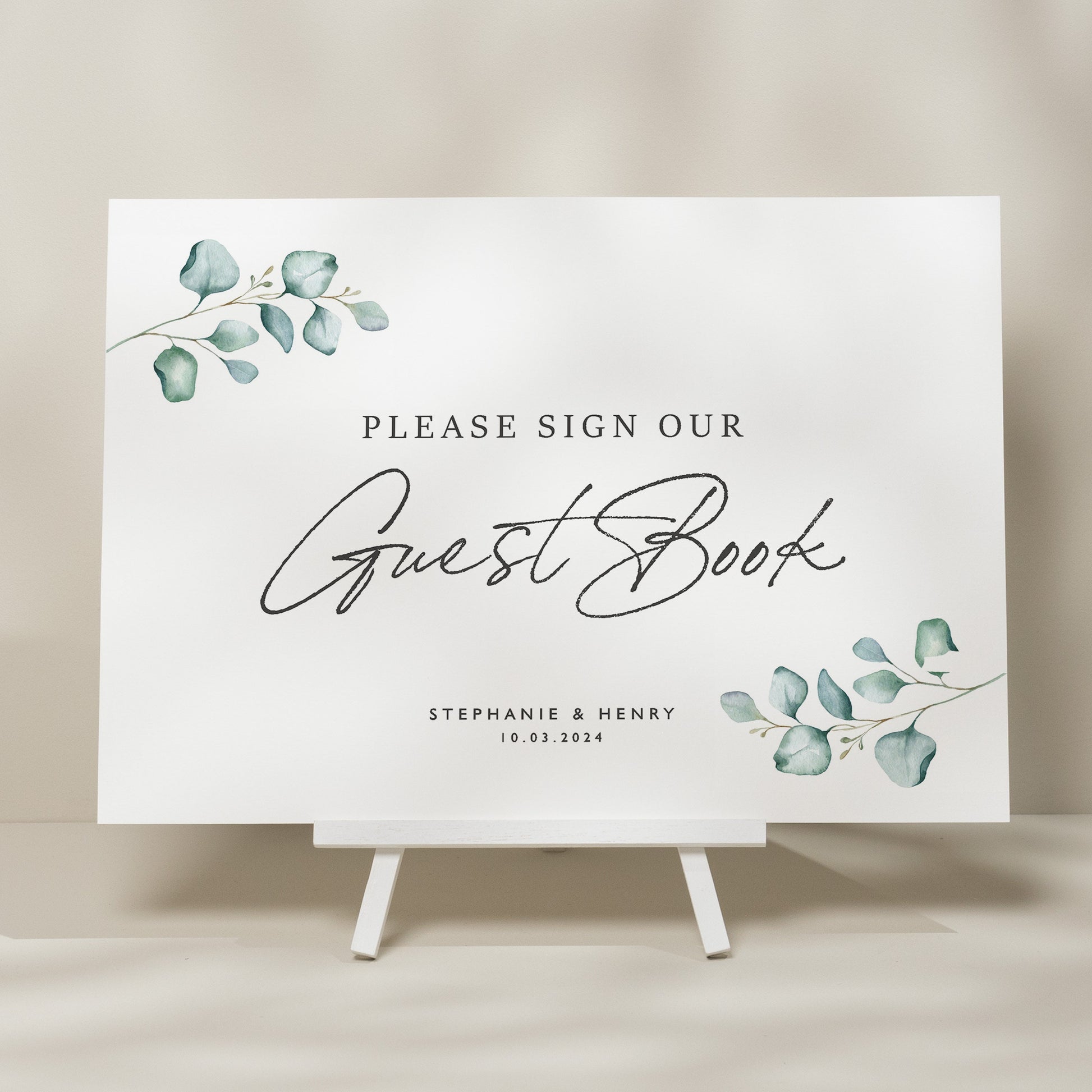Eucalyptus Wedding Guest Book Sign, Sign Our Guest Book Sign, Sign For Wedding Guest Book, Personalised Modern Wedding Signage 'Stephanie'