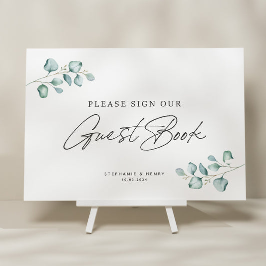 Eucalyptus Wedding Guest Book Sign, Sign Our Guest Book Sign, Sign For Wedding Guest Book, Personalised Modern Wedding Signage 'Stephanie'