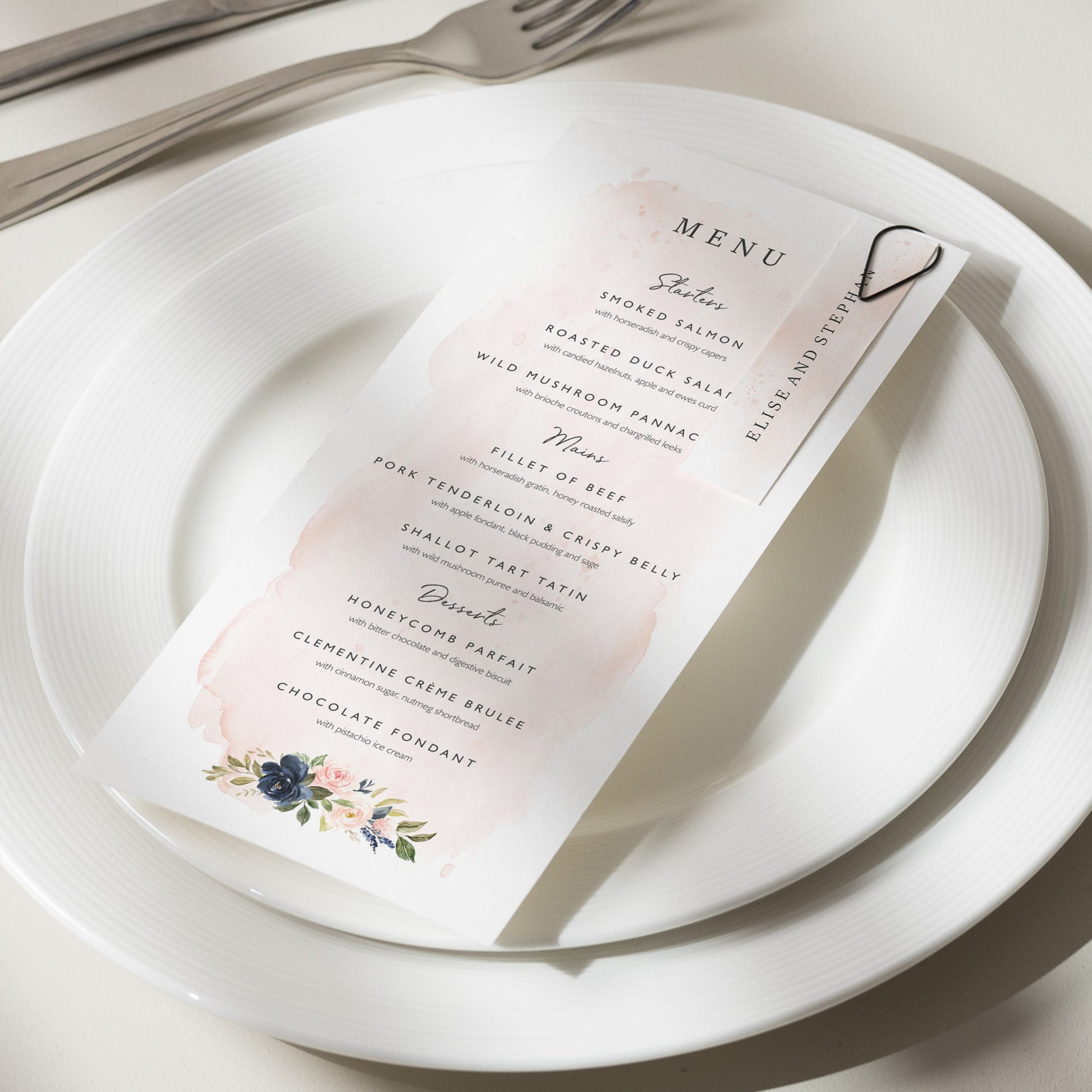 Navy And Blush Wedding Menu Cards, Pink And Dark Blue Menu Cards For Weddings, Floral Menus 'Elise'