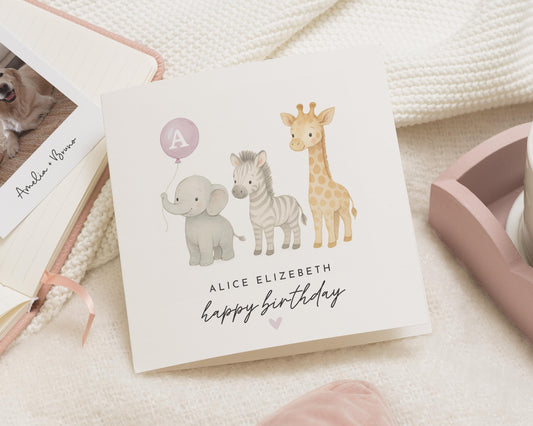 Personalised Birthday Card for Girl, Safari Animal Birthday Card, Giraffe Elephant Zebra Card, Cute Birthday Card for Daughter