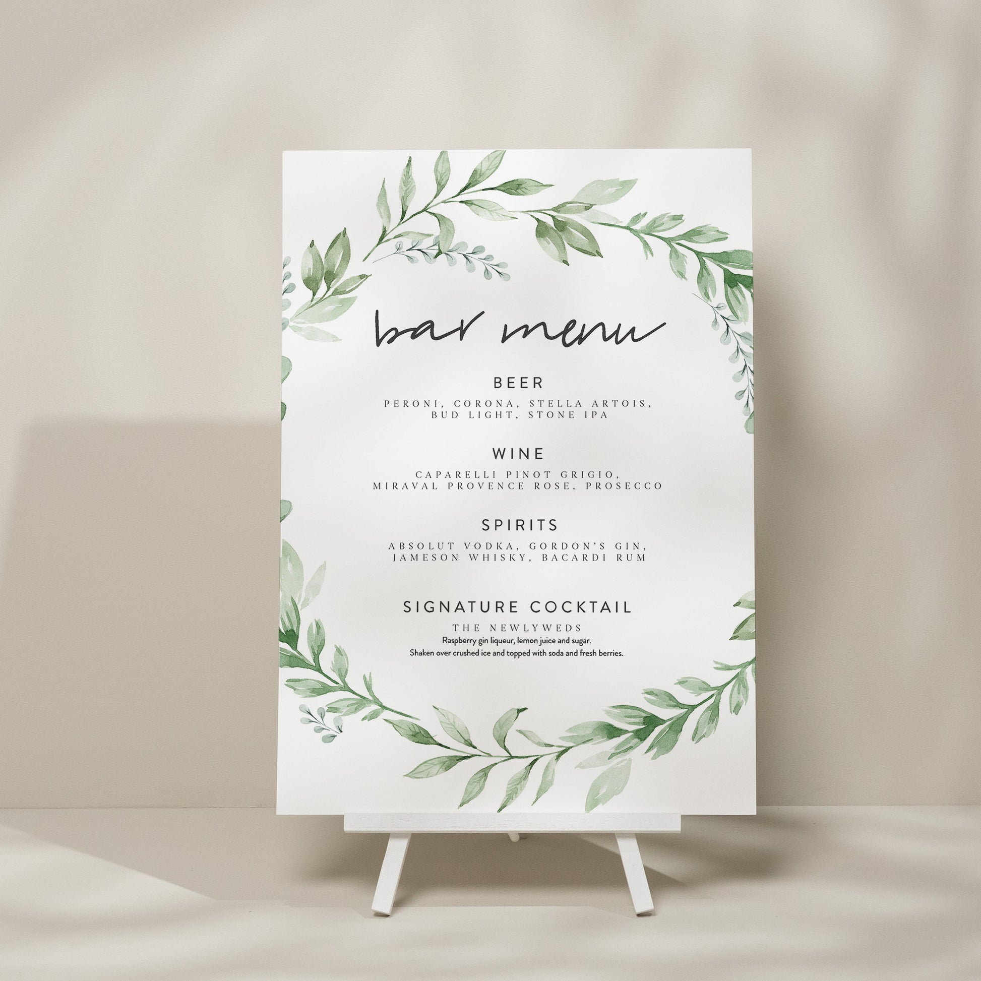 Greenery Wedding Drink Menu Sign, Minimalist Bar Menu Sign, Eucalyptus Drink Sign, Elegant Drink Menu, Foliage Design 'Amelia'