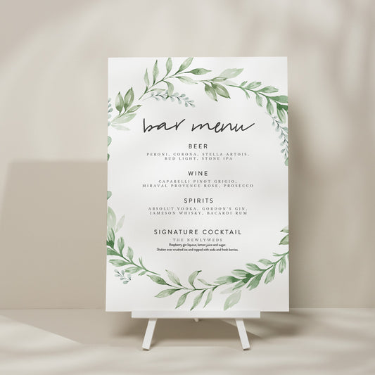 Greenery Wedding Drink Menu Sign, Minimalist Bar Menu Sign, Eucalyptus Drink Sign, Elegant Drink Menu, Foliage Design 'Amelia'