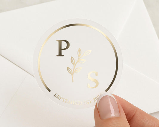 Personalised Wedding Sticker, Gold Foil Initials Sticker, Custom Monogram Wedding Seal, Envelope Seal, Wedding Date Sticker