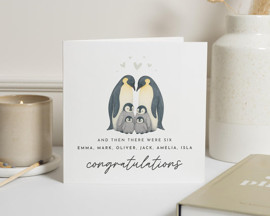 Penguin Family of Six Card, And Then There Were Six, New Baby Card, Congratulations Card, Personalised Family Card, Cute Animal Card