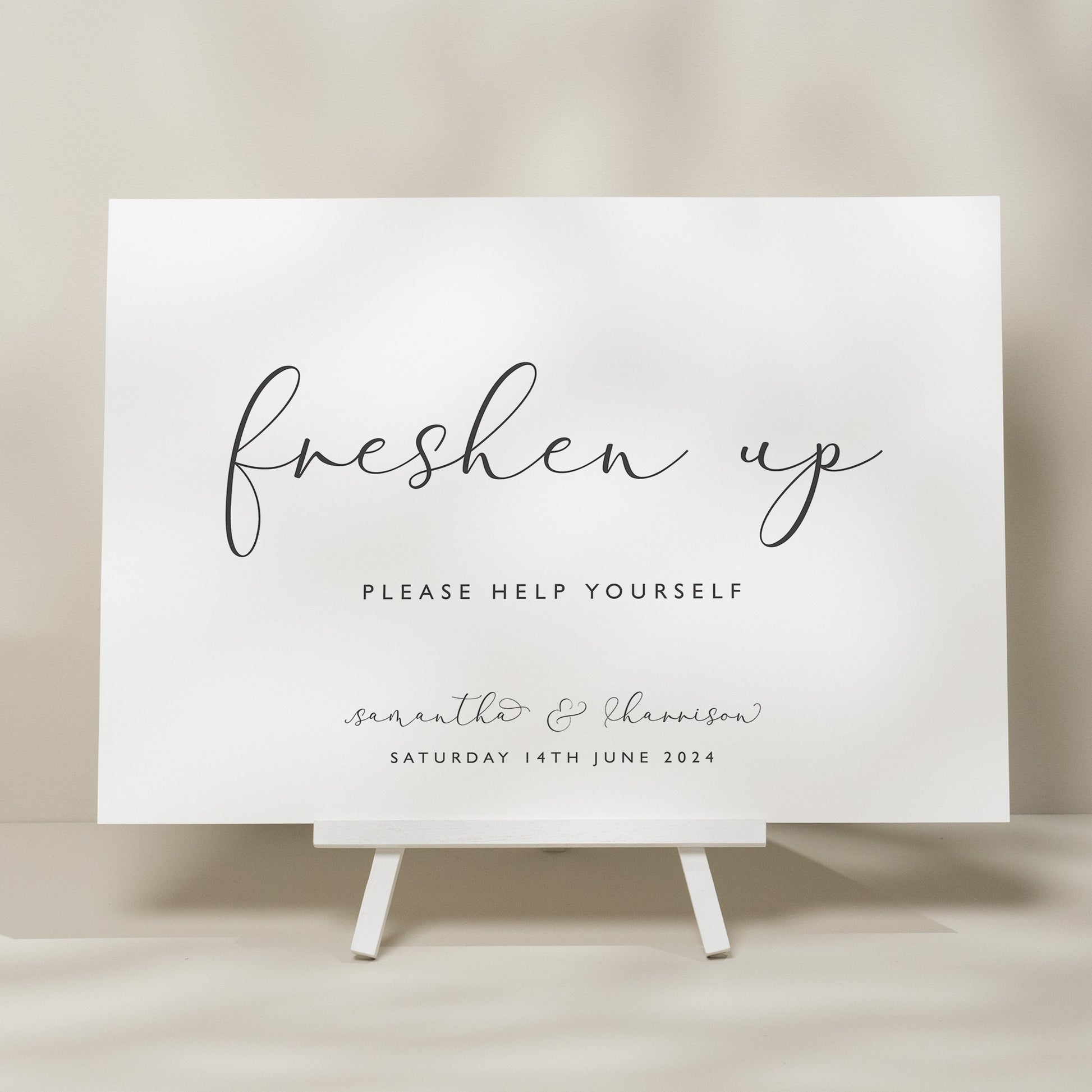 Calligraphy Wedding Freshen Up Sign, Wedding Bathroom Sign, Bathroom Basket Wedding Sign, Simple Wedding Signs 'Samantha'