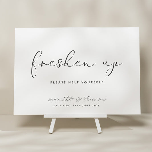 Calligraphy Wedding Freshen Up Sign, Wedding Bathroom Sign, Bathroom Basket Wedding Sign, Simple Wedding Signs 'Samantha'