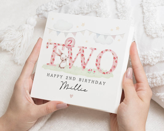 2nd Birthday Card for Girl, Personalised Bunny Birthday Card, Birthday Card for Daughter, Cute Second Birthday Card, Two Years Old Card
