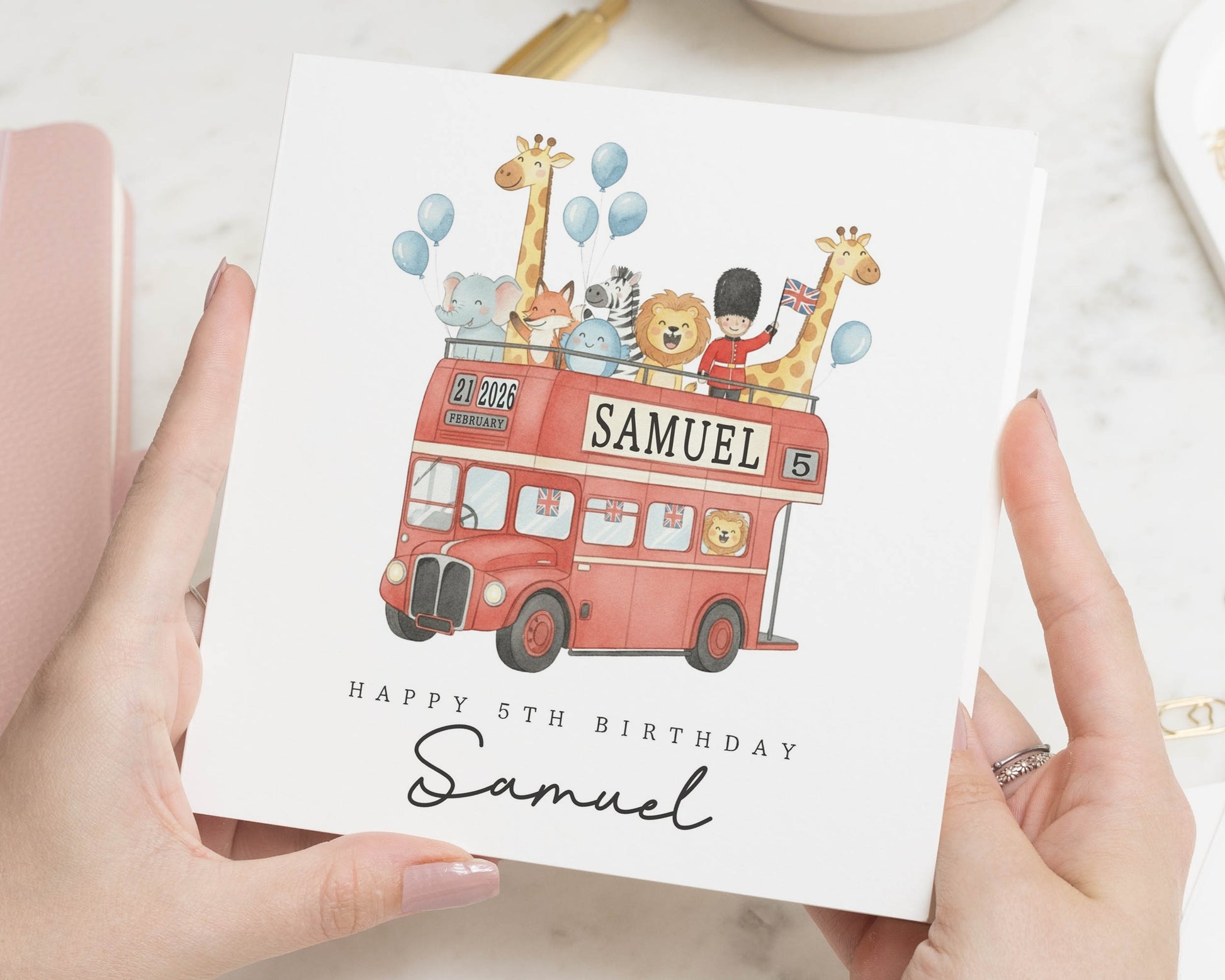5th Birthday Card for Boy, Personalised Safari Animal Birthday Card, Red Bus Birthday Card, Birthday Card for Son, Kids Birthday Card
