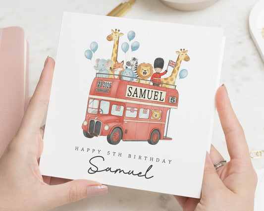 5th Birthday Card for Boy, Personalised Safari Animal Birthday Card, Red Bus Birthday Card, Birthday Card for Son, Kids Birthday Card