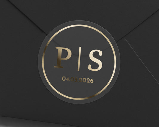 Personalised Wedding Envelope Seal, Gold Foil Initial Sticker, Custom Date Sticker, Wedding Monogram Sticker, Elegant Wedding Sticker