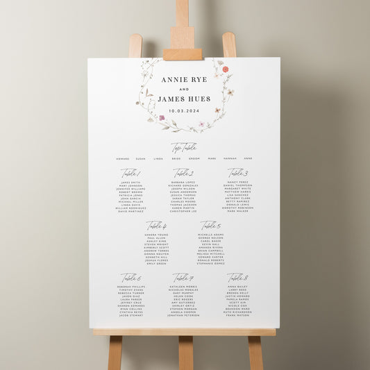 Floral Seating Plan, Wildflower Table Plan, Personalised Wedding Table Plan, Find Your Seat Sign, Floral Wreath Wedding Decor 'Annie'