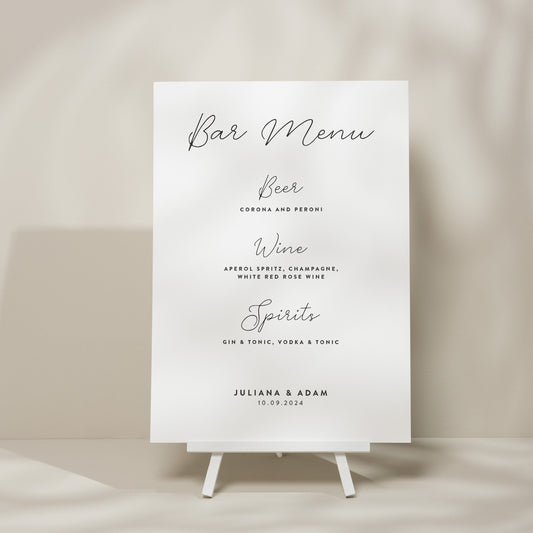 Modern Wedding Drink Menu Sign, Simple Personalised Bar Menu Sign, Minimalistic Wedding Drink List Sign, Modern Wedding Stationery 'Juliana'