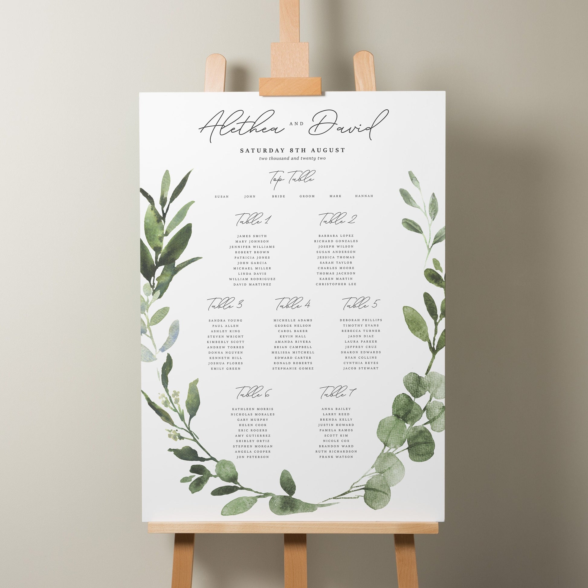 Greenery Wedding Table Plan, Personalised Leaf Table Seating Plan, Green Foliage Find Your Seat Sign, Botanical Wedding Décor A1 'Alethea'