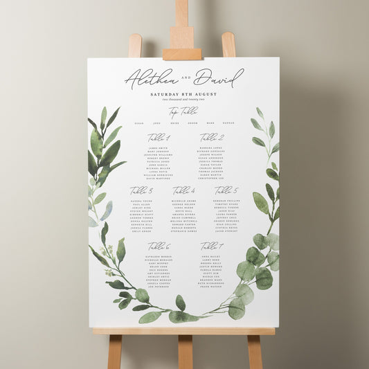 Greenery Wedding Table Plan, Personalised Leaf Table Seating Plan, Green Foliage Find Your Seat Sign, Botanical Wedding Décor A1 'Alethea'