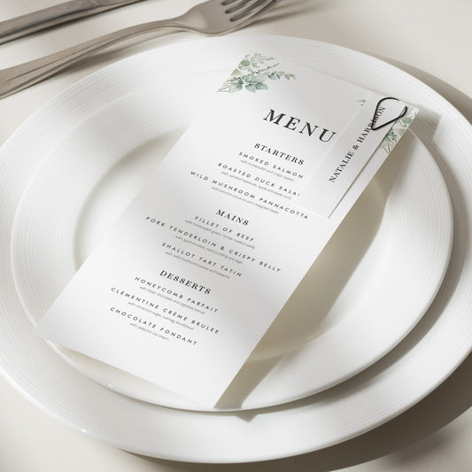 Botanical Wedding Menu Card, Greenery Wedding Menu, Menu Card With Name Card, Personalised Menu Card, Food Menu For Wedding 'Natalie'