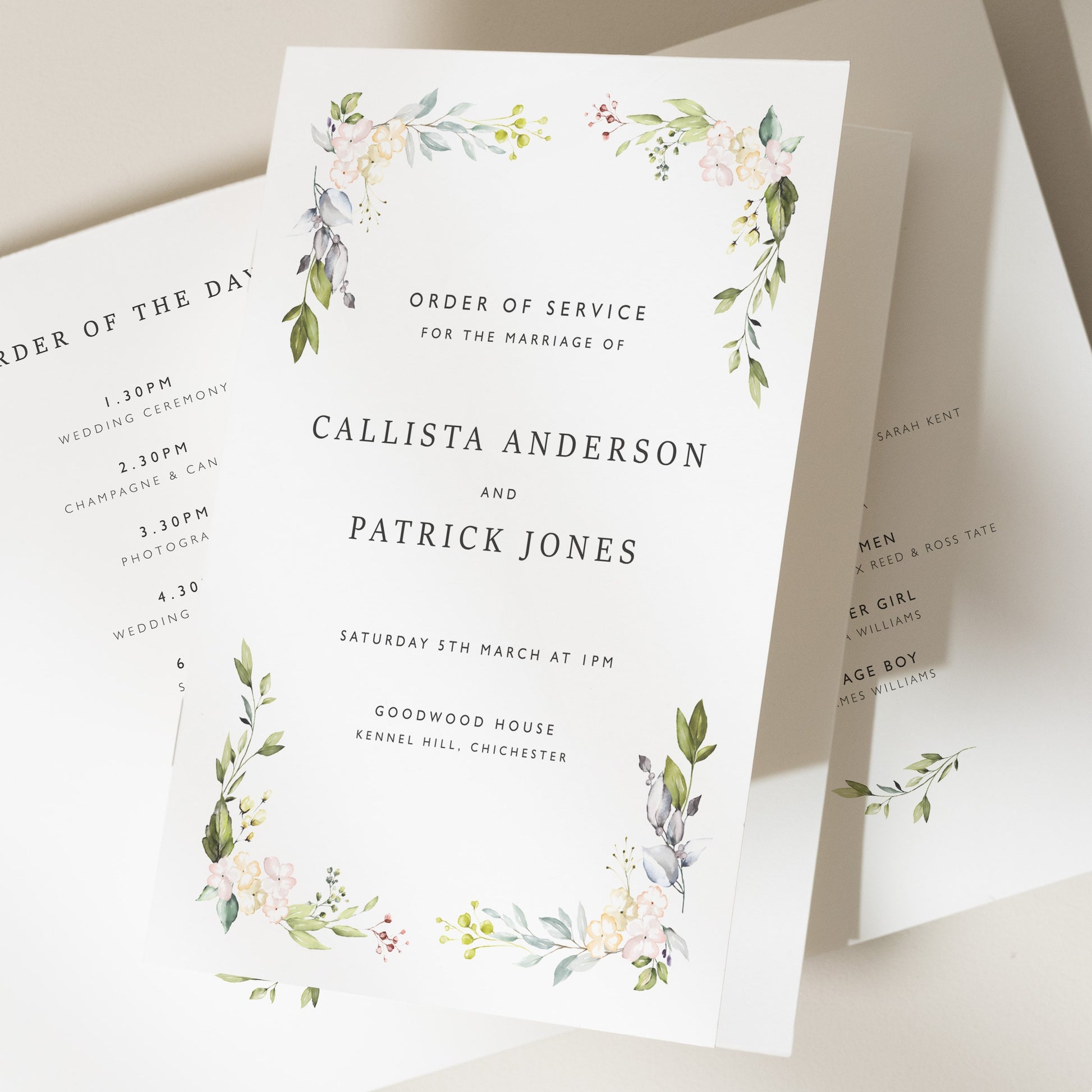 Greenery Order Of Service Booklet, Floral Order Of The Day Program, Foliage Wedding Service Booklets 'Callista'