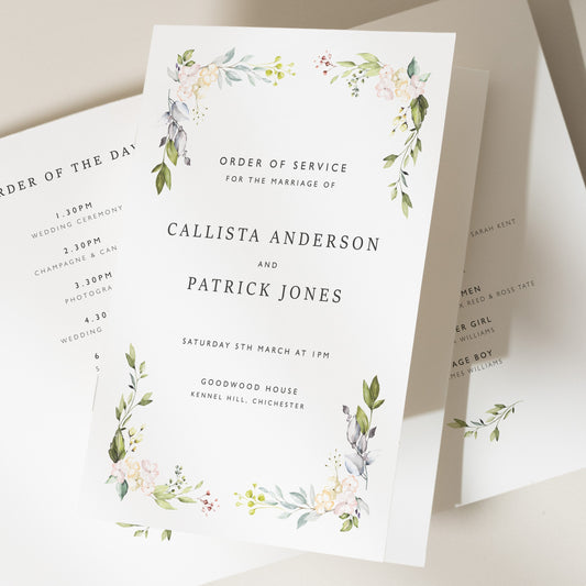 Greenery Order Of Service Booklet, Floral Order Of The Day Program, Foliage Wedding Service Booklets 'Callista'