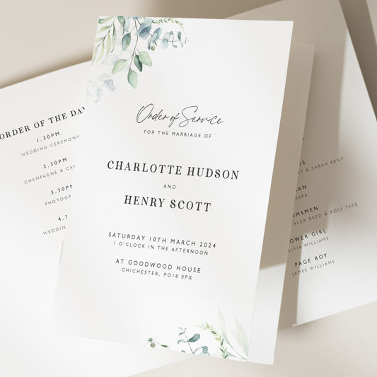 Greenery Wedding Program with Order of the Day, Elegant Order Of Service Booklet, Botanical Wedding Ceremony Booklet 'Charlotte'