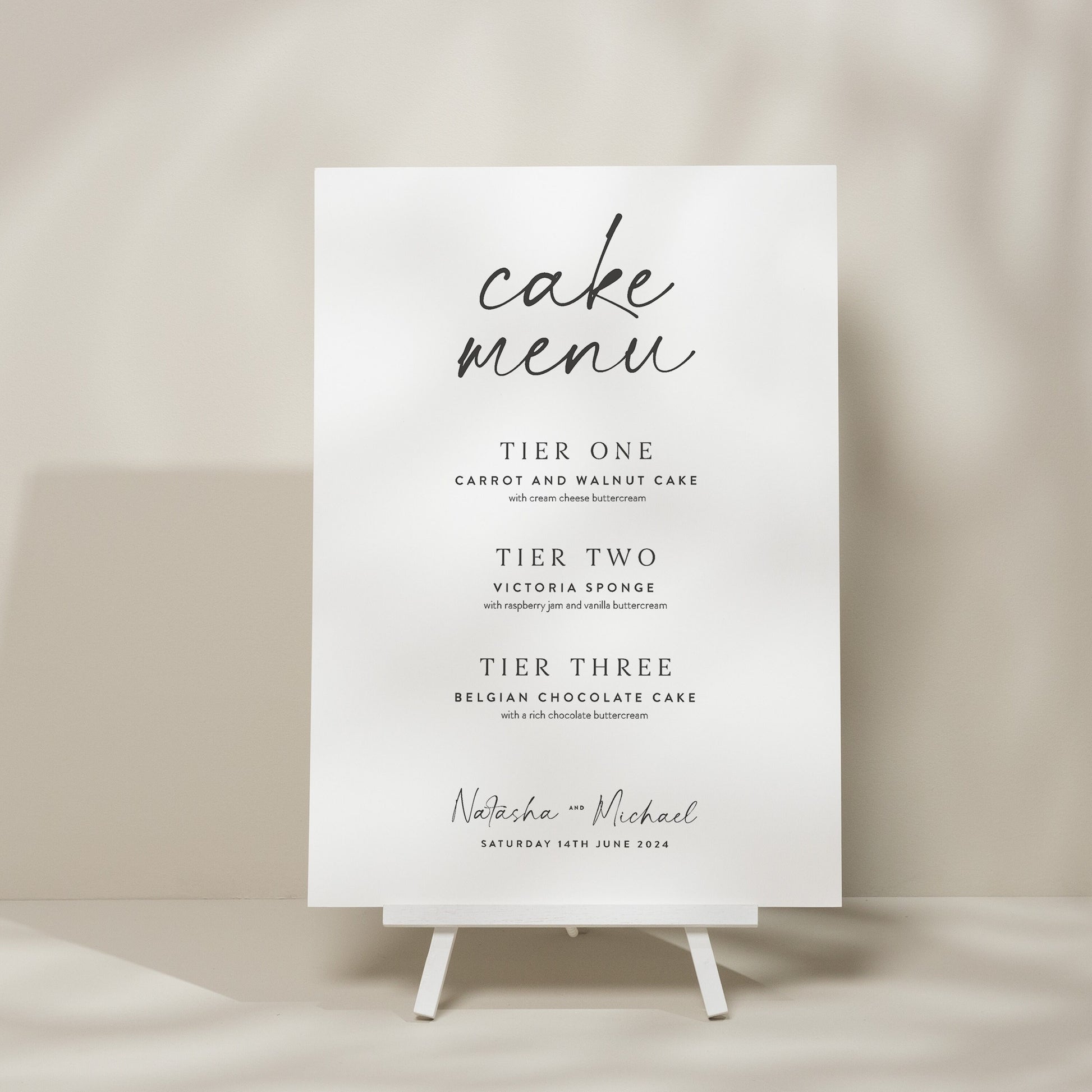 Simple Cake Menu Wedding Sign, Modern Cake Flavour Wedding Sign, Simple Wedding Cake Station, Script Wedding Stationery 'Natasha'