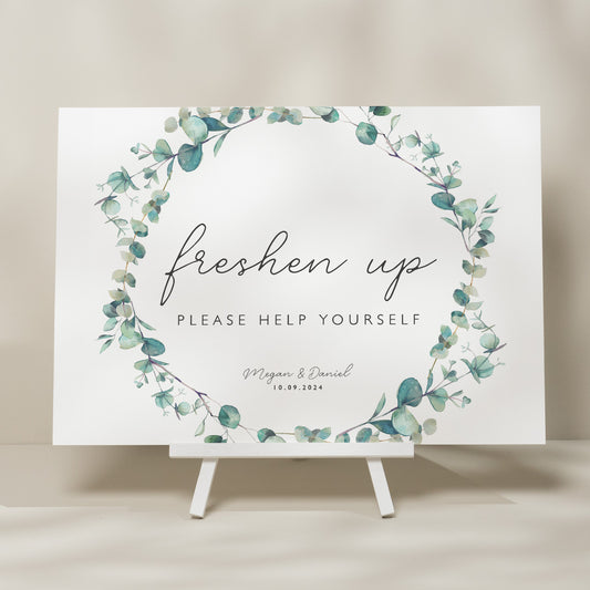 Greenery Wreath Freshen Up Sign, Bathroom Basket Wedding Sign, Help Yourself Bathroom Sign, Botanical Foliage Wedding Signage 'Megan'