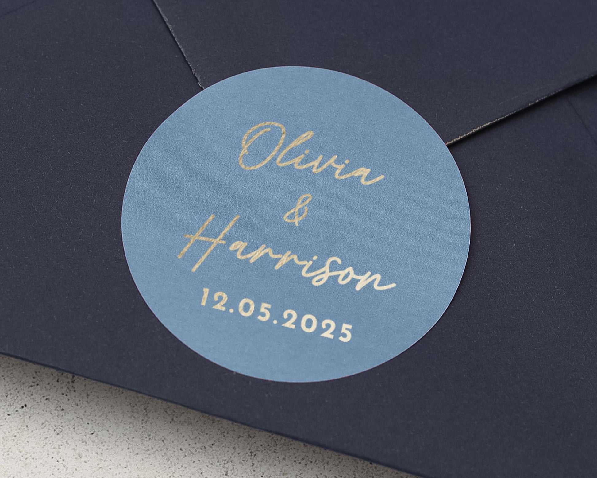 Personalised Wedding Sticker, Custom Name Wedding Label, Gold Foil Envelope Seal, Blue Wedding Sticker, Modern Wedding Favour Sticker