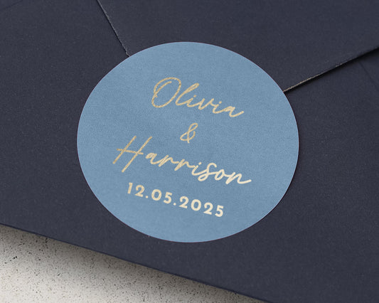 Personalised Wedding Sticker, Custom Name Wedding Label, Gold Foil Envelope Seal, Blue Wedding Sticker, Modern Wedding Favour Sticker