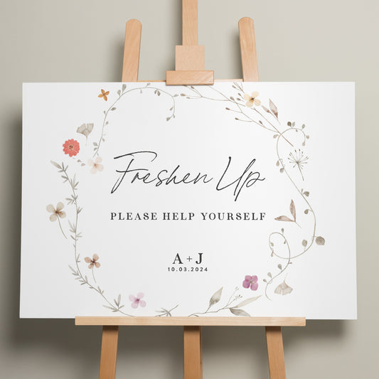 Floral Wedding Bathroom Sign, Freshen Up Wedding Sign, Wildflower Wedding Bathroom Basket Sign, Help Yourself Sign, Minimalist Sign 'Annie'