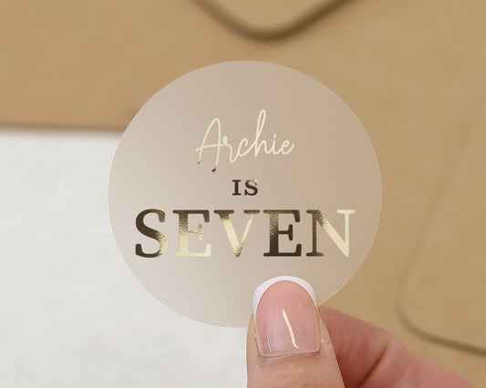 Personalised Birthday Sticker, Custom Name Age Sticker, Birthday Party Sticker, Kids Birthday Label, Gold Foil Birthday Sticker