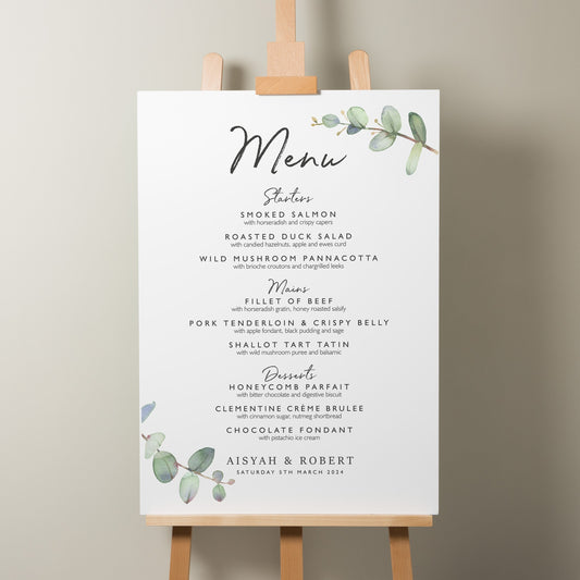 Greenery Wedding Menu Sign, Eucalyptus Wedding Sign, Wedding Food Menu Sign, Wedding Sign For Menu, Foliage Design 'Aisyah'