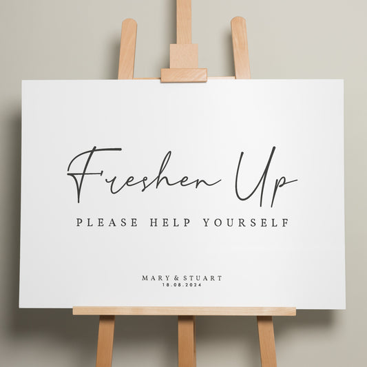 Modern Freshen Up Wedding Sign, Bathroom Basket Sign For Wedding, Simple Wedding Bathroom Sign, Elegant Wedding Signage 'Mary'