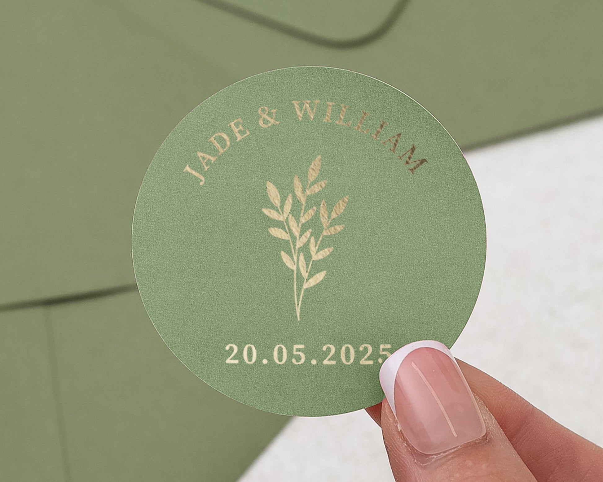 Personalised Wedding Sticker, Green Gold Foil Name Date Sticker, Custom Envelope Seal, Wedding Favour Label