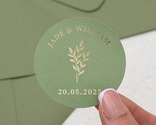 Personalised Wedding Sticker, Green Gold Foil Name Date Sticker, Custom Envelope Seal, Wedding Favour Label