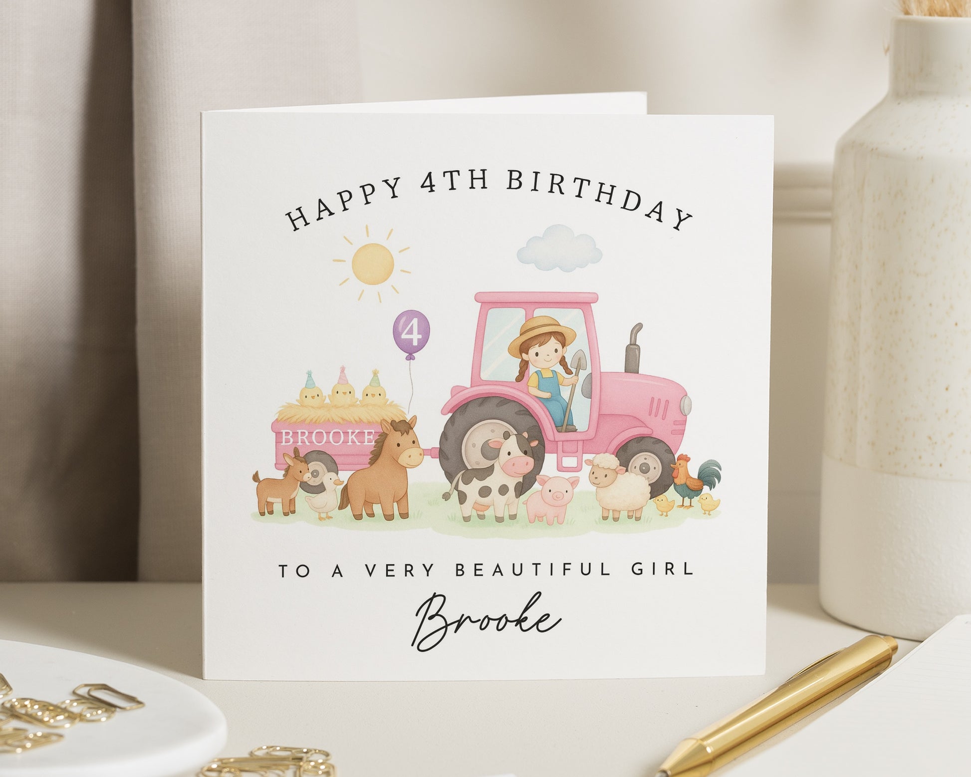 4th Birthday Card for Girl, Personalised Tractor Card, Farm Animal Birthday Card, Daughter, Sister, Niece