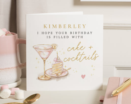 Birthday Card for Her, Personalised Birthday Card, Cake and Cocktails Card, Birthday Card for Friend, Birthday Card for Women