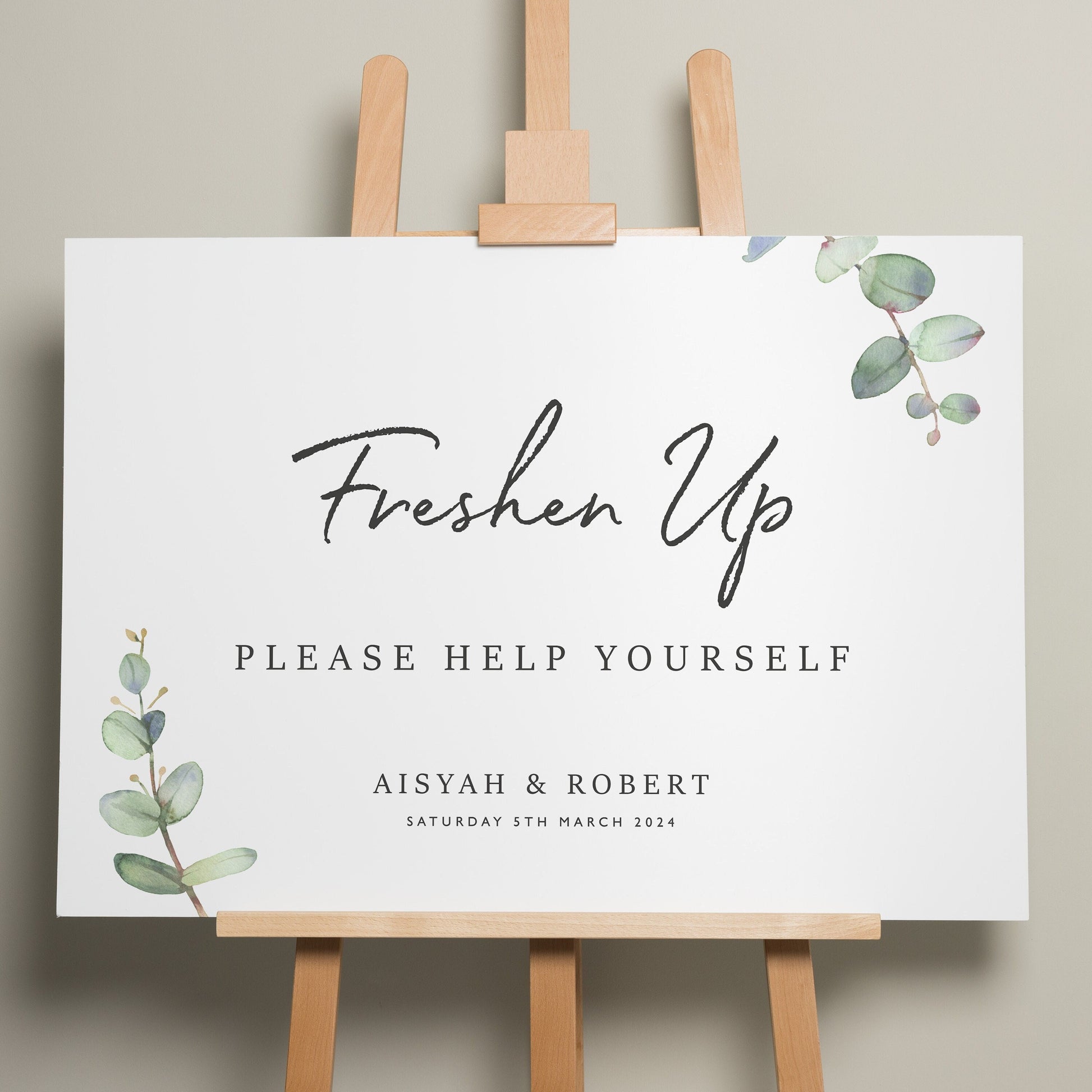 Greenery Wedding Freshen Up Sign, Eucalyptus Wedding Sign, Minimalist Wedding Sign, Bathroom Basket Wedding Sign, Foliage Design 'Aisyah'