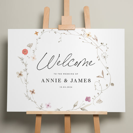 Wedding Welcome Sign, A1 Wedding Ceremony Sign, Calligraphy Wedding Signage, Personalised Welcome Sign, Wildflower Wedding Design 'Annie'