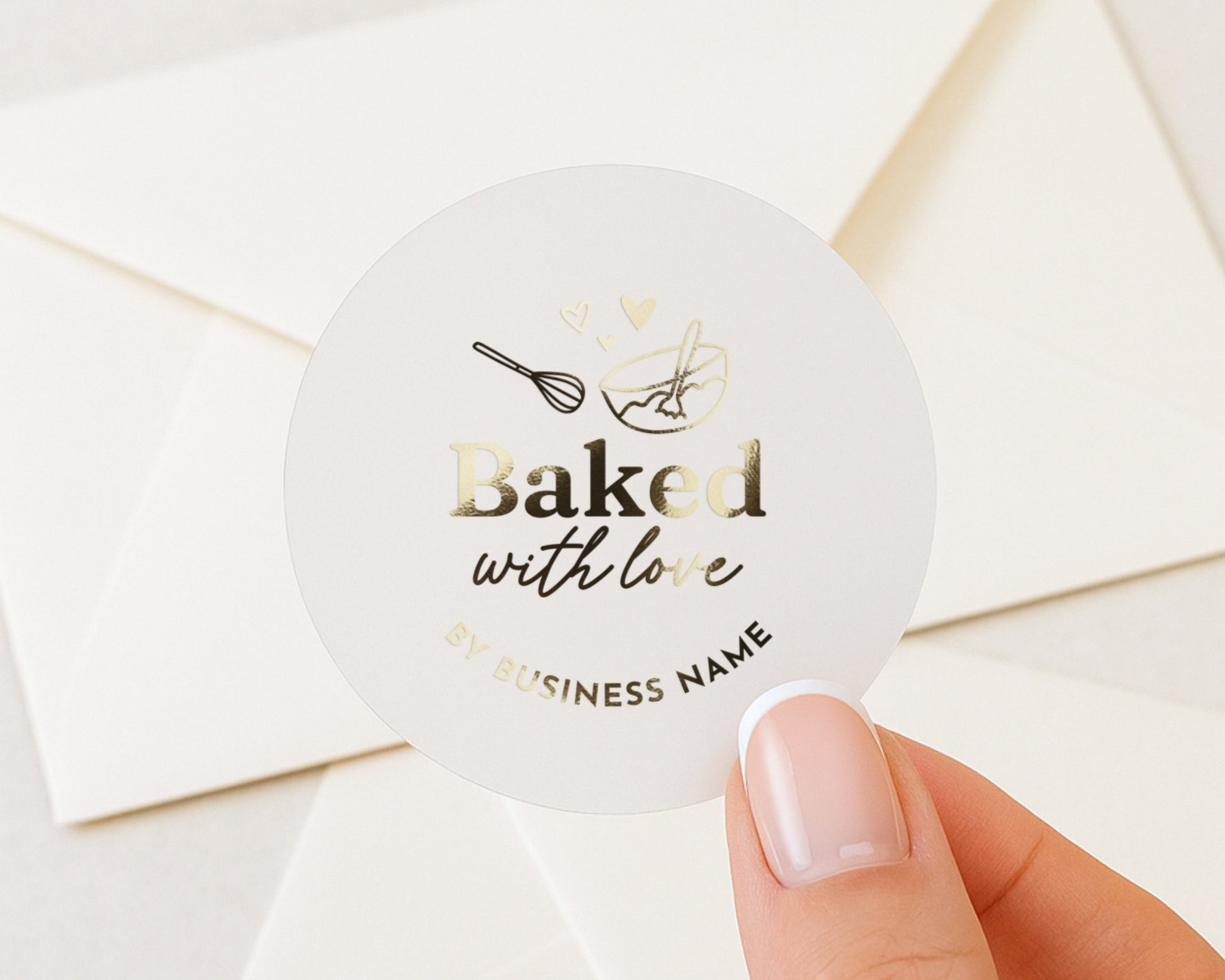 Baked With Love Sticker, Bakery Sticker, Personalised Business Logo Sticker, Gold Foil Sticker, Custom Bakery Label, Baking Gift Sticker