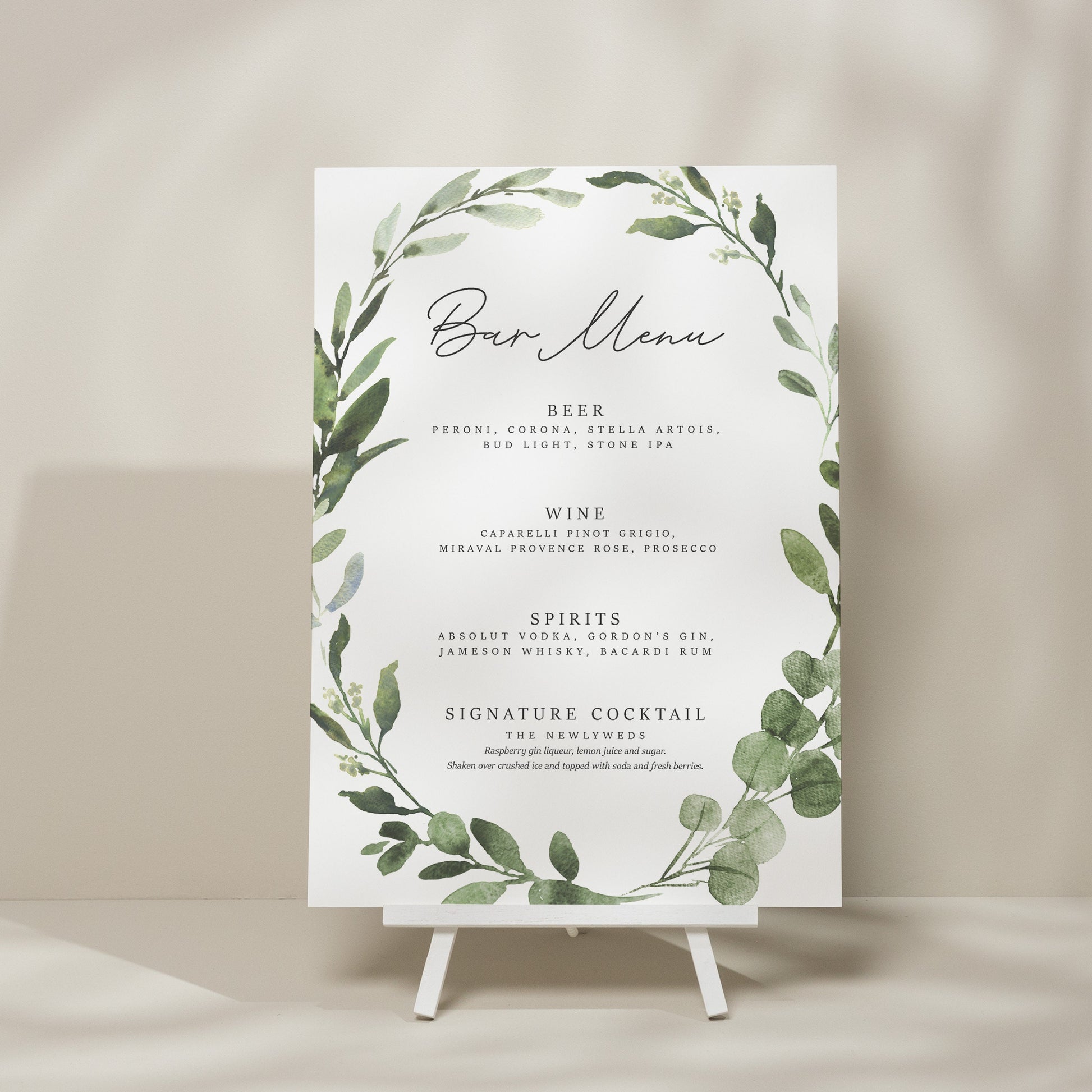 Botanical Wedding Bar Menu Sign, Drink Menu Wedding Sign, Eucalyptus Wedding Sign, Greenery Bar Sign, Simple Drinks Sign 'Alethea'