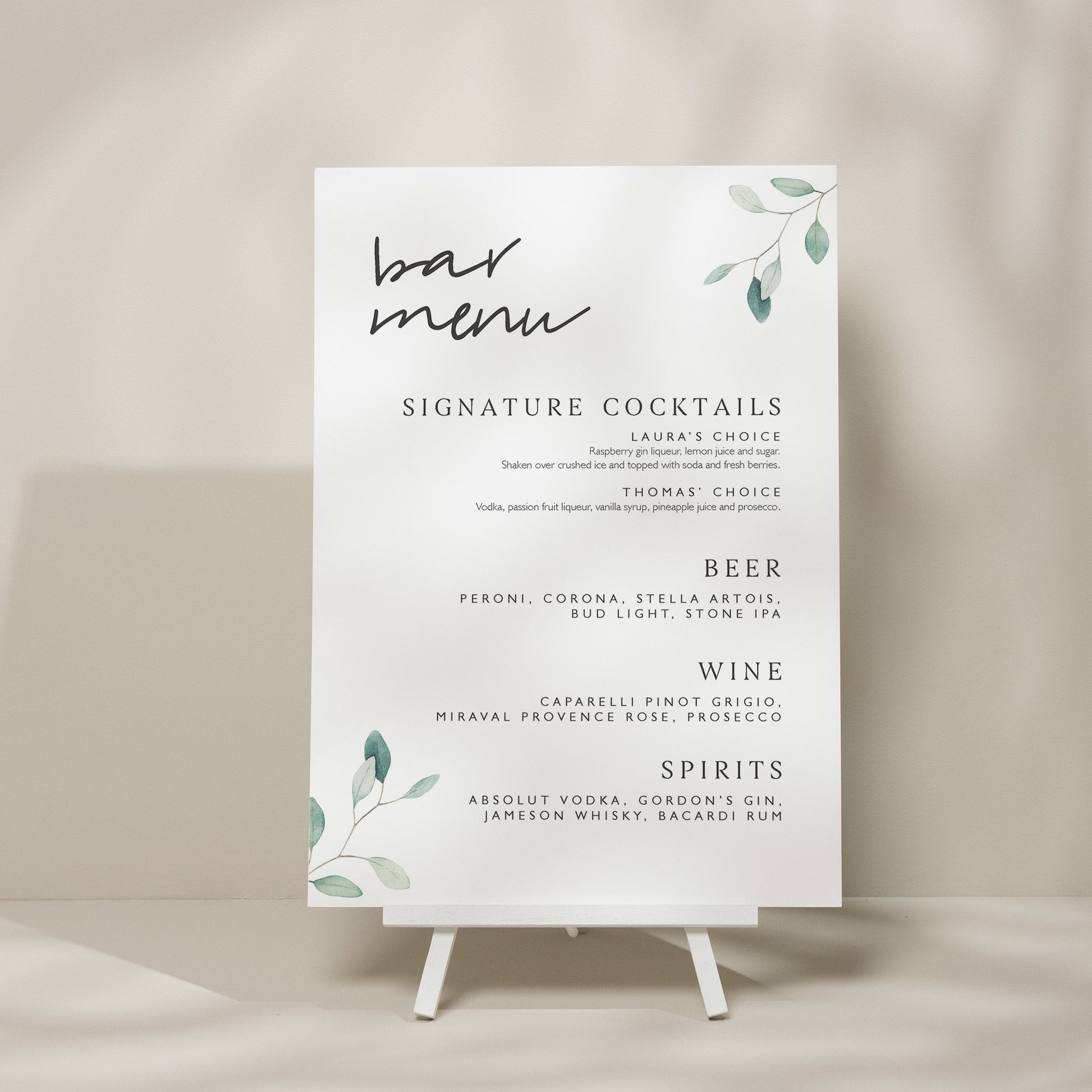 Wedding Drink Menu Sign, Simple Bar Menu Wedding Sign, Botanical Wedding Signage, Greenery Drink List Sign, Minimalist Wedding 'Laura'