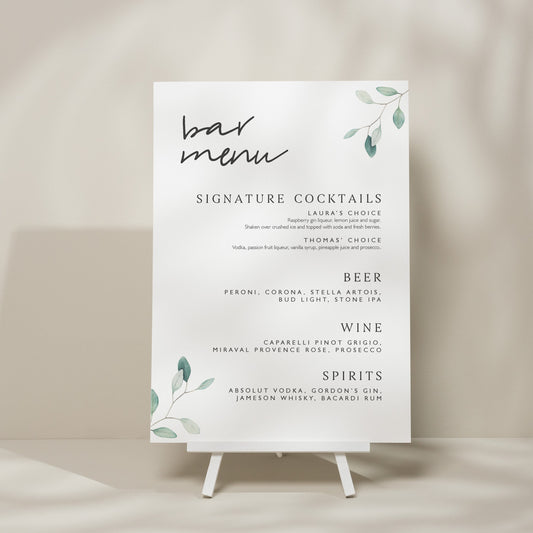 Wedding Drink Menu Sign, Simple Bar Menu Wedding Sign, Botanical Wedding Signage, Greenery Drink List Sign, Minimalist Wedding 'Laura'