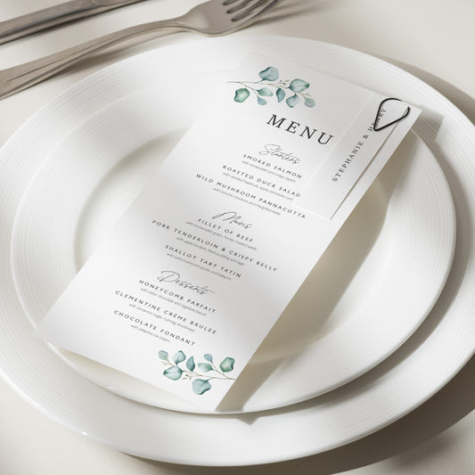 Greenery Menu Card For Wedding Dinner, Eucalyptus Wedding Menu Card, Menu Card With Guest Name Card, Greenery Wedding Food Menu 'Stephanie'