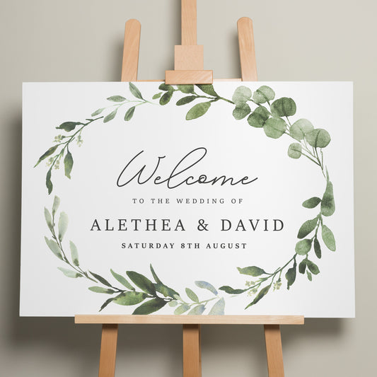 Wedding Welcome Sign, A1 Wedding Sign, Botanical Wedding Signage, Personalised Greenery Welcome Sign, Minimalist Wedding Design 'Alethea'