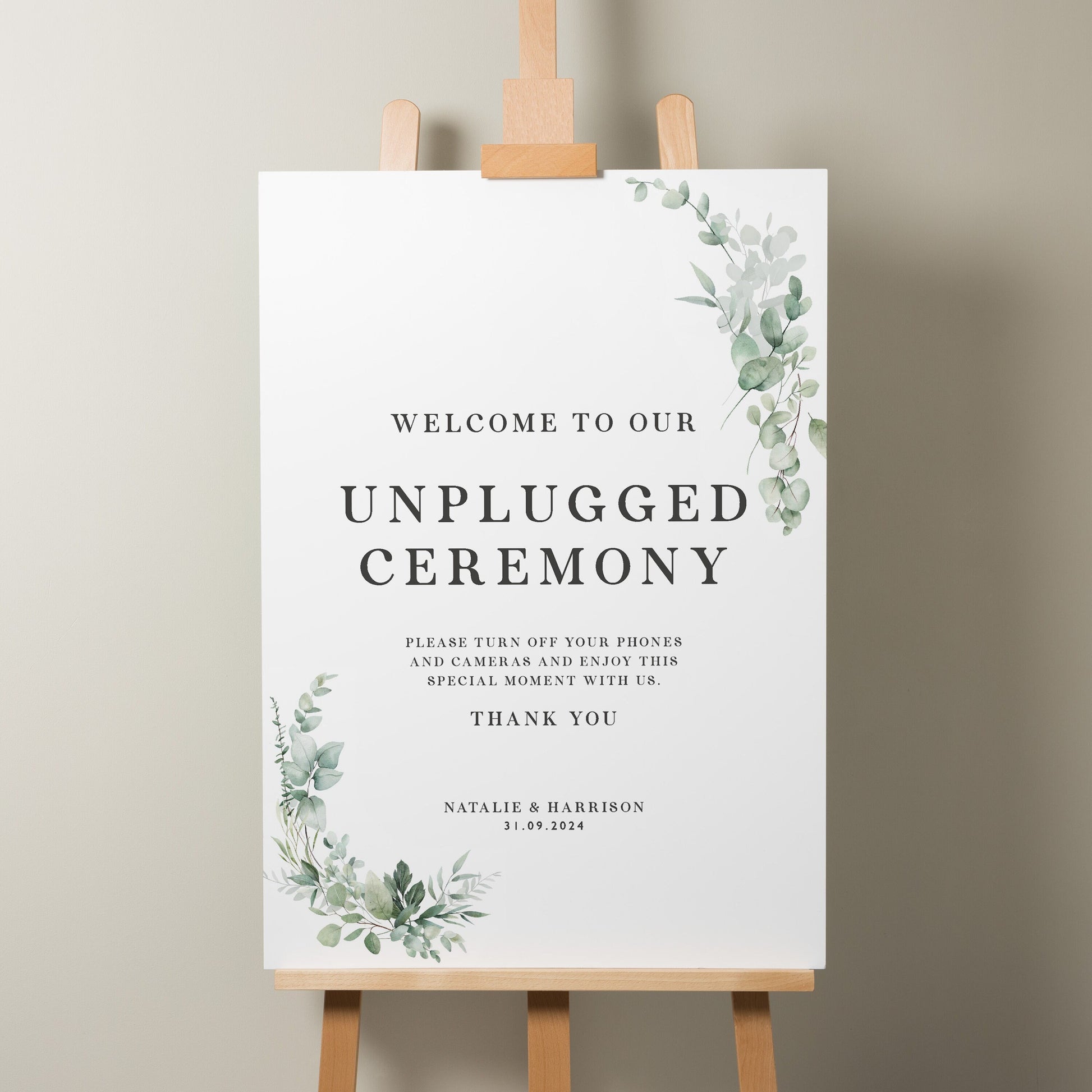 Botanical Unplugged Ceremony Wedding Sign, Greenery Wedding Welcome Sign, Unplugged Ceremony Sign, Foliage Wedding Theme Sign 'Natalie'